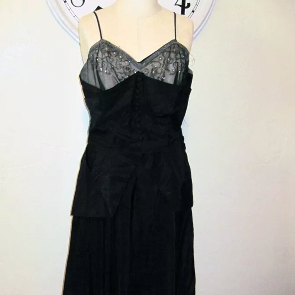 Vintage Cocktail Party Dress w/ Beading Buttons Little Black Dress 1940s
